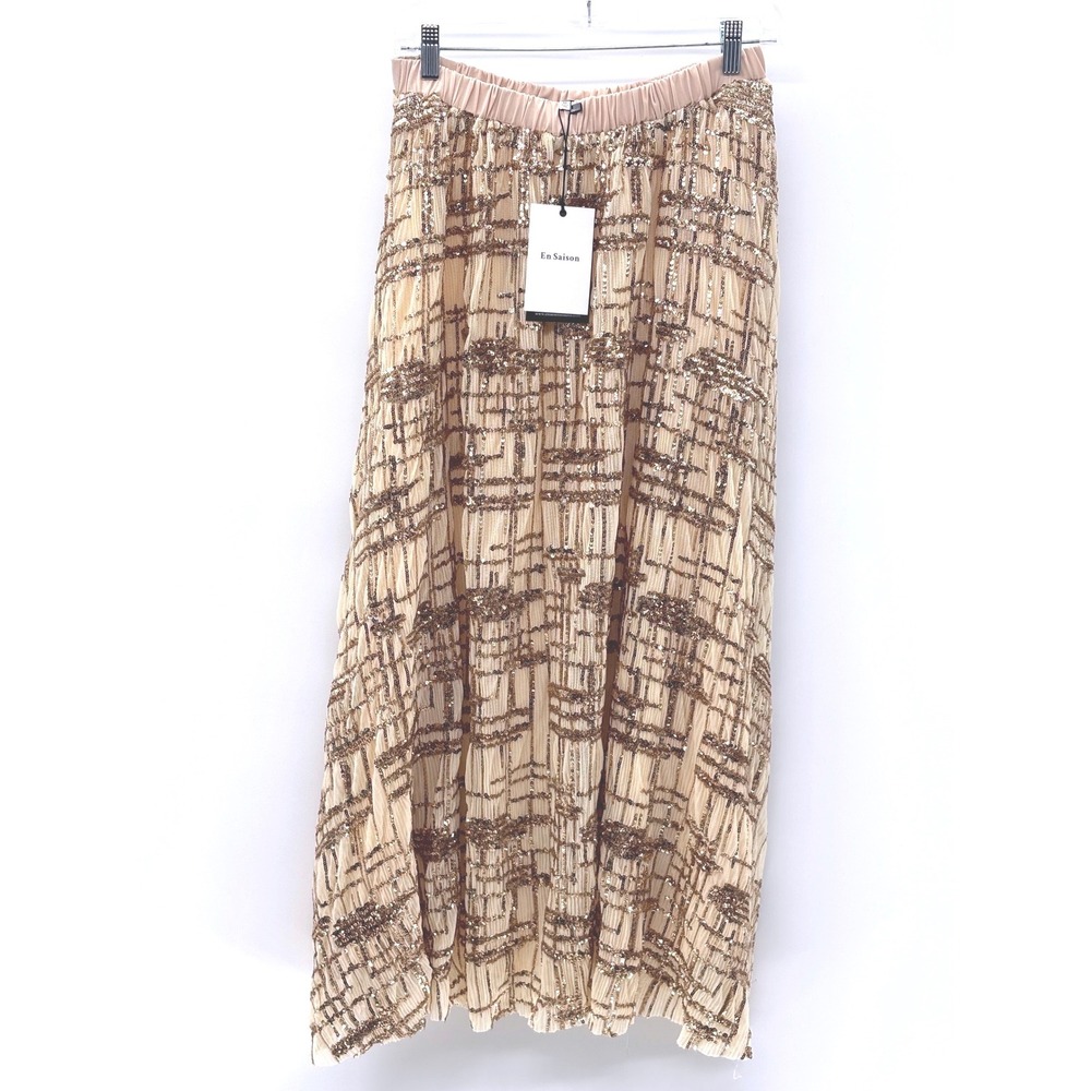 New Free People En Saison Midi Skirt Romi Sequin Gold‎ Flowy Boho Glam Medium - Picture 4 of 12